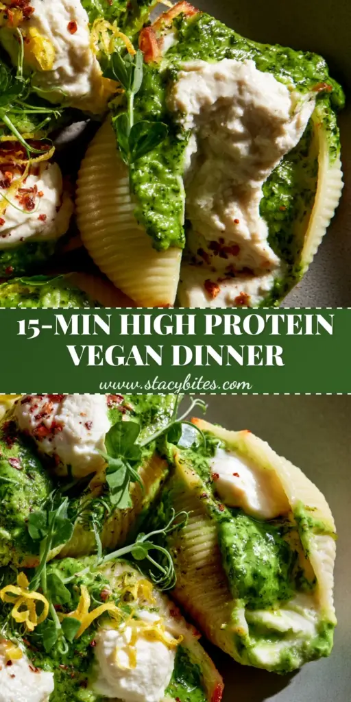 Vegan Pea Pesto Stuffed Shells with Creamy Almond Ricotta 4 A vertical shot of vegan pea pesto stuffed shells garnished with lemon zest curls and pea shoots on a grey plate.