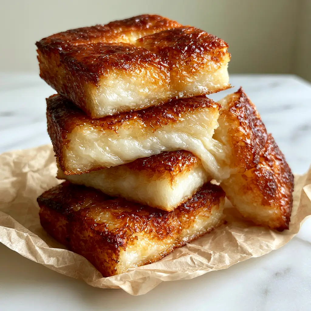 Close-up of butter mochi squares stacked on marble, highlighting the glossy deep golden-brown crust. (Mochi)