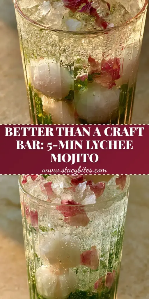 Lychee Rose Mojito: The Ultimate Floral Garden Cocktail Recipe 4 A tall ribbed glass of Lychee Rose Mojito with crushed ice, pink petals, and a gold cocktail pick. (Lychee Rose Mojito)