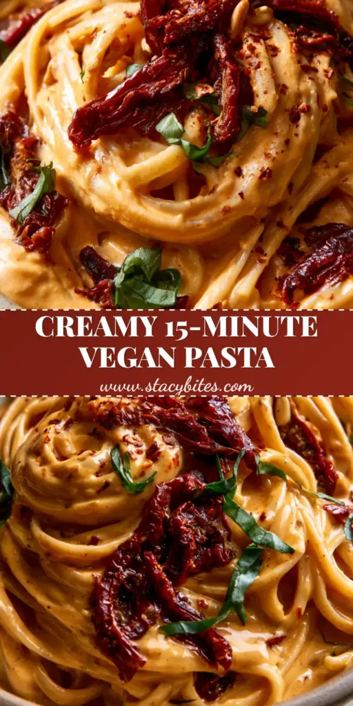 Creamy Sun-Dried Tomato Vegan Pasta with Silky Linguine 4 A Pinterest-style vertical shot of Creamy Sun-Dried Tomato Vegan Pasta in a rustic bowl with visible steam, toasted pine nuts, and basil ribbons.