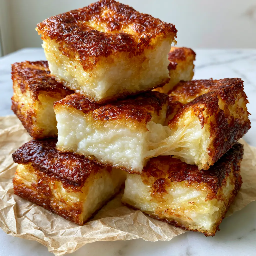 Mochi: The Ultimate Chewy Hawaiian Butter Mochi Recipe 1 A square of mochi pulled apart to reveal the thick, bouncy, stark white internal Q-texture elasticity.