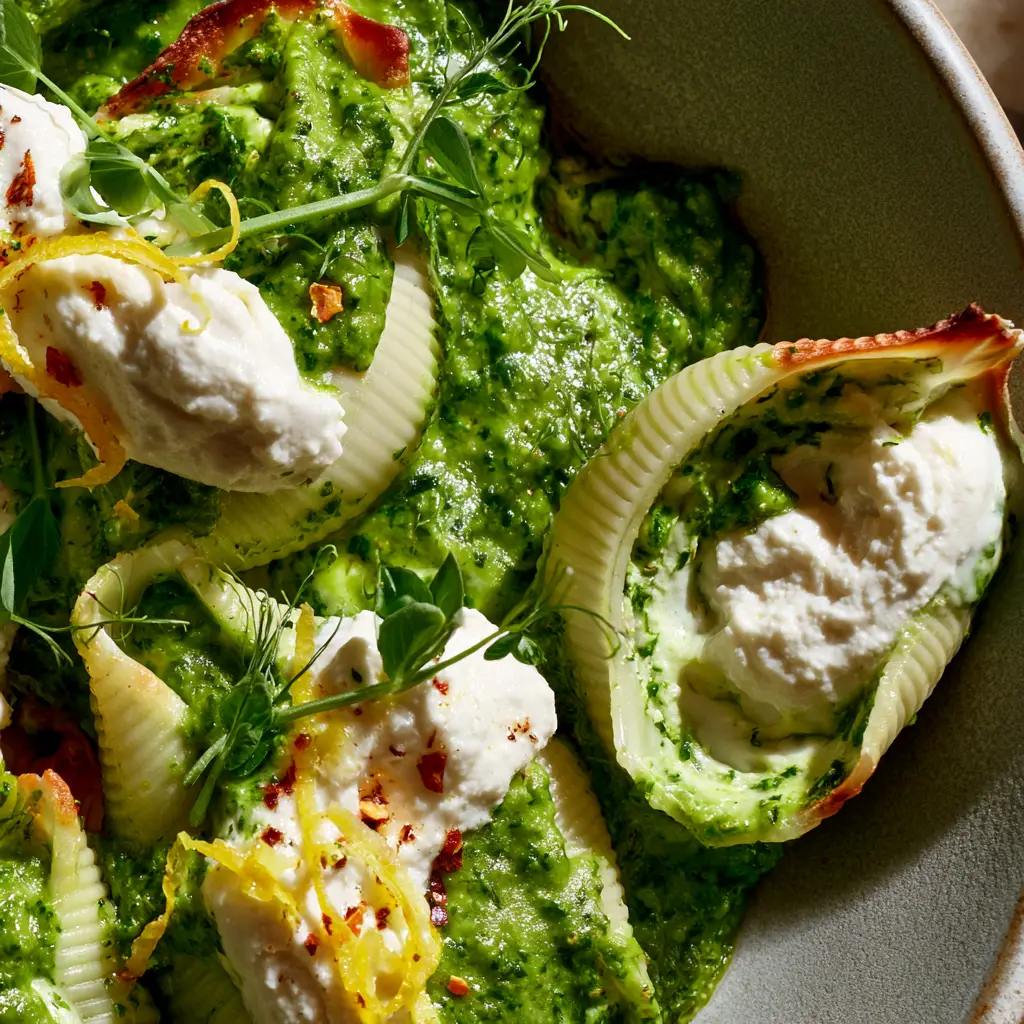Vegan Pea Pesto Stuffed Shells with Creamy Almond Ricotta 2 Macro close-up of jumbo pasta shells overflowing with vibrant green pea pesto and white vegan ricotta. (vegan pea pesto stuffed shells)