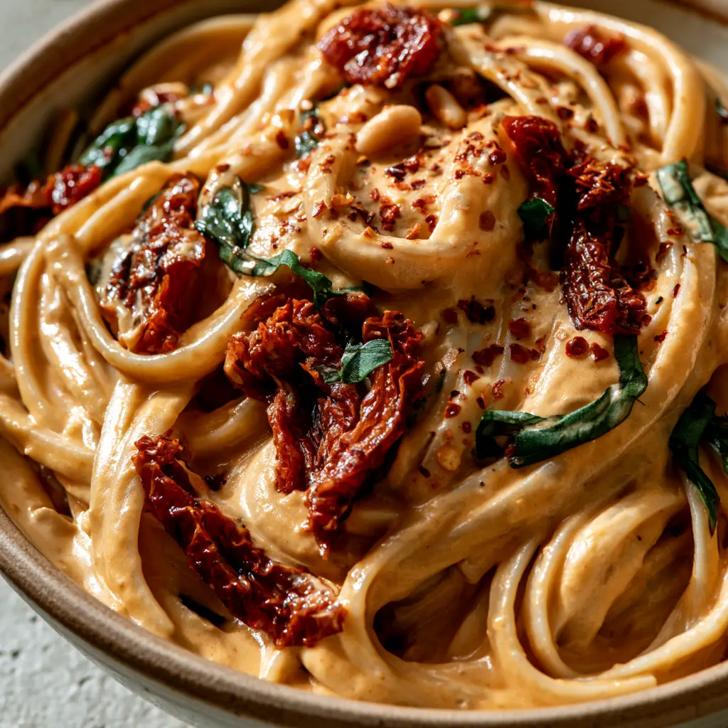 Extreme close-up of Creamy Sun-Dried Tomato Vegan Pasta showing thick glossy pale-orange sauce and julienned tomatoes.