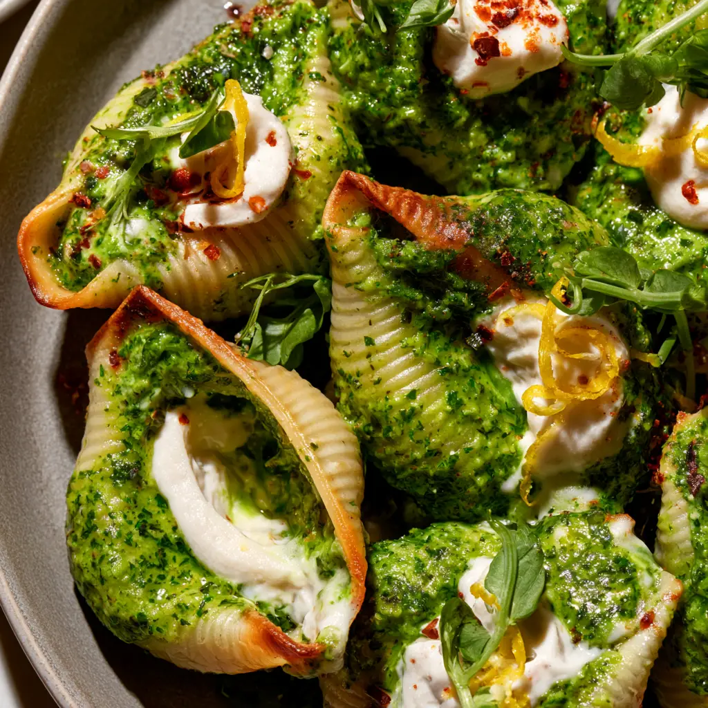 Vegan Pea Pesto Stuffed Shells with Creamy Almond Ricotta 1 Close-up of baked vegan pea pesto stuffed shells showing golden-brown toasted edges and lemon curls.