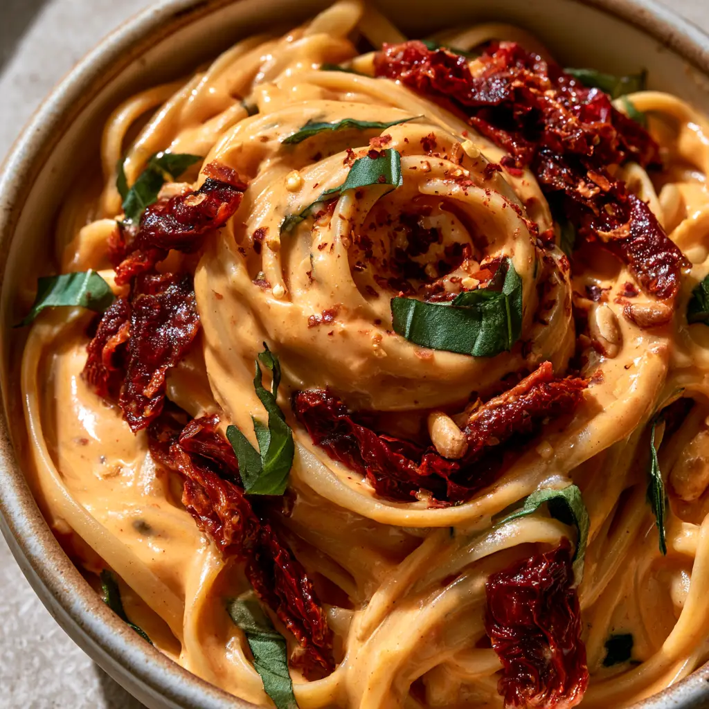 Creamy Sun-Dried Tomato Vegan Pasta with Silky Linguine 1 Rustic bowl of linguine pasta with bright green basil ribbons and toasted pine nuts in a pale-orange cream sauce.