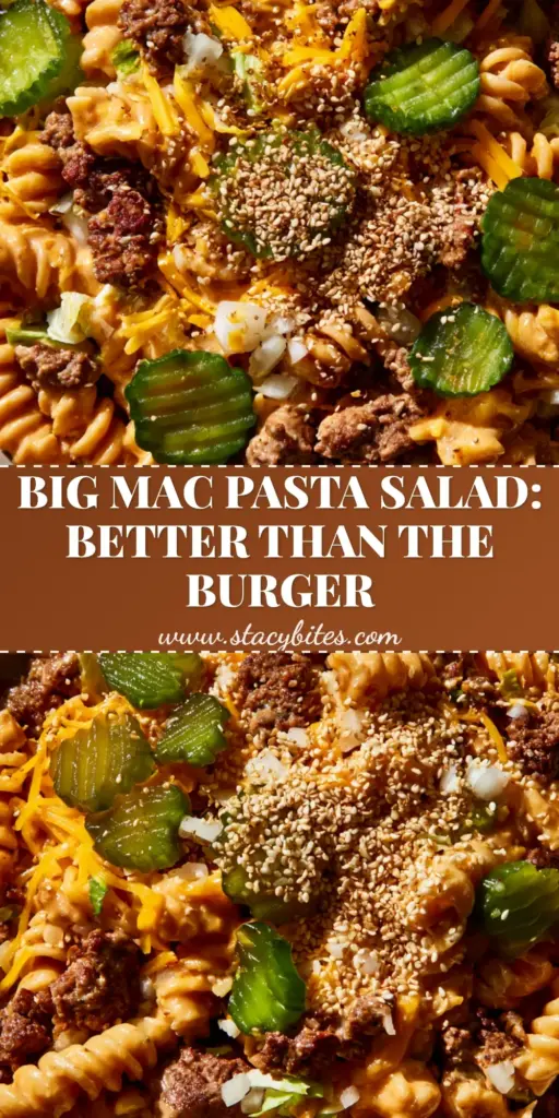 Big Mac Pasta Salad: The Ultimate Cheeseburger Salad Recipe 4 A close-up shot of Big Mac Pasta Salad in a bowl with creamy orange sauce, pickles, and sesame seeds. (big mac pasta salad)