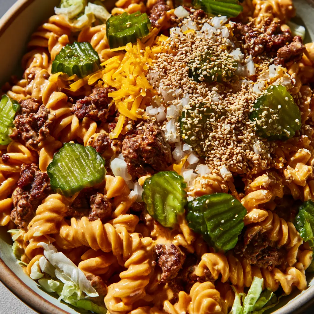 Top-down view of Big Mac Pasta Salad featuring rotini, melted cheese, and crinkle-cut pickles. (big mac pasta salad)