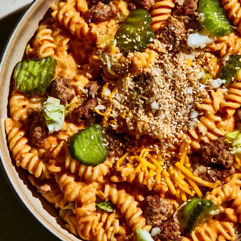 Big Mac Pasta Salad: The Ultimate Cheeseburger Salad Recipe 1 High-angle shot showing the texture of the thick orange burger sauce on rotini pasta.
