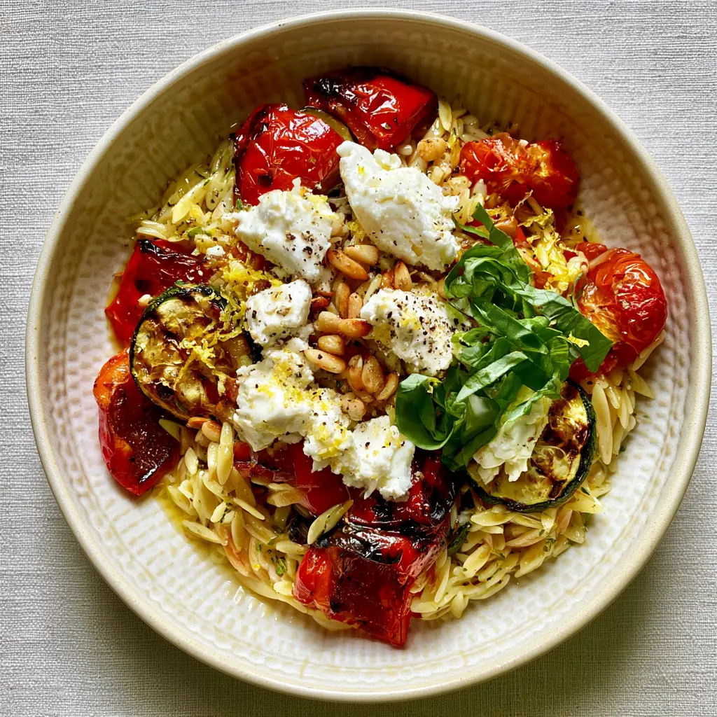 Roasted Vegetable Orzo with Blistered Tomatoes and Creamy Feta 2 Close up of caramelized red peppers and charred zucchini in a roasted vegetable orzo salad. (roasted vegetable orzo)