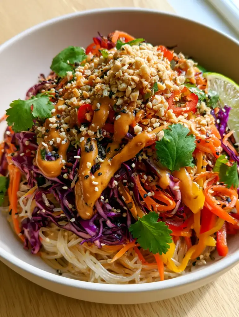 Vegetable Rice Noodle Salad with Creamy Peanut Dressing 1 Overhead view of vegetable rice noodle salad showing the thick peanut sauce drizzle and crushed roasted peanuts.