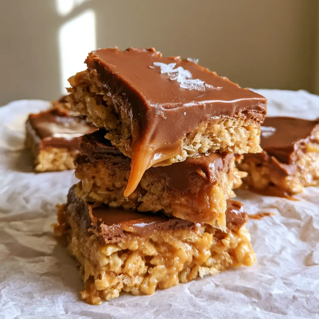 Close up photo of Scotcheroos showing the soft gooey pull and golden cereal base. (scotcheroos recipe)