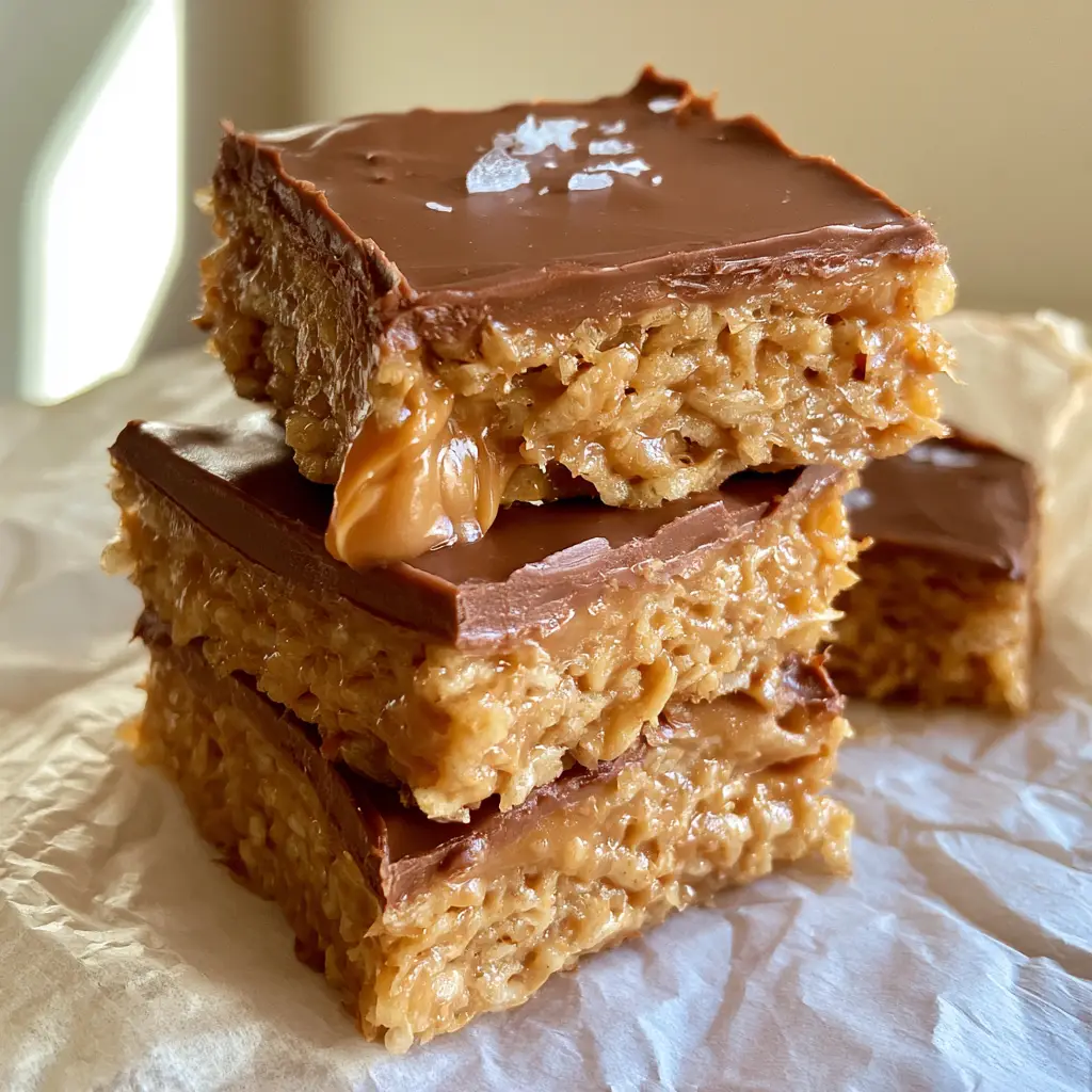 scotcheroos recipe: The Ultimate Soft and Chewy No-Bake Bars 1 Thick Scotcheroos bars with a perfectly smooth chocolate topping and Maldon salt flakes.