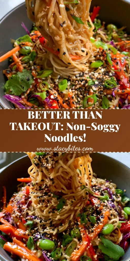A swirl of glossy Asian Sesame Noodle Salad being lifted with bamboo tongs, showing thick amber glaze and vibrant vegetables.