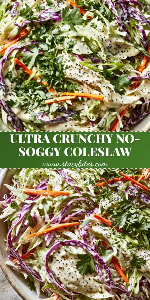 A high-angle close-up of vibrant crunchy coleslaw with green and purple cabbage, matchstick carrots, and poppy seeds in a rustic bowl. (coleslaw)