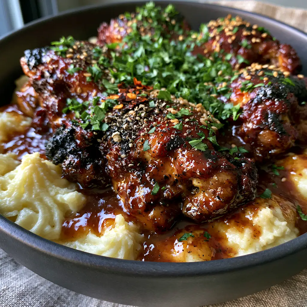 Close-up of fall-apart slow-cooked honey garlic chicken thighs with glossy glaze and sesame seeds. (crockpot meals)