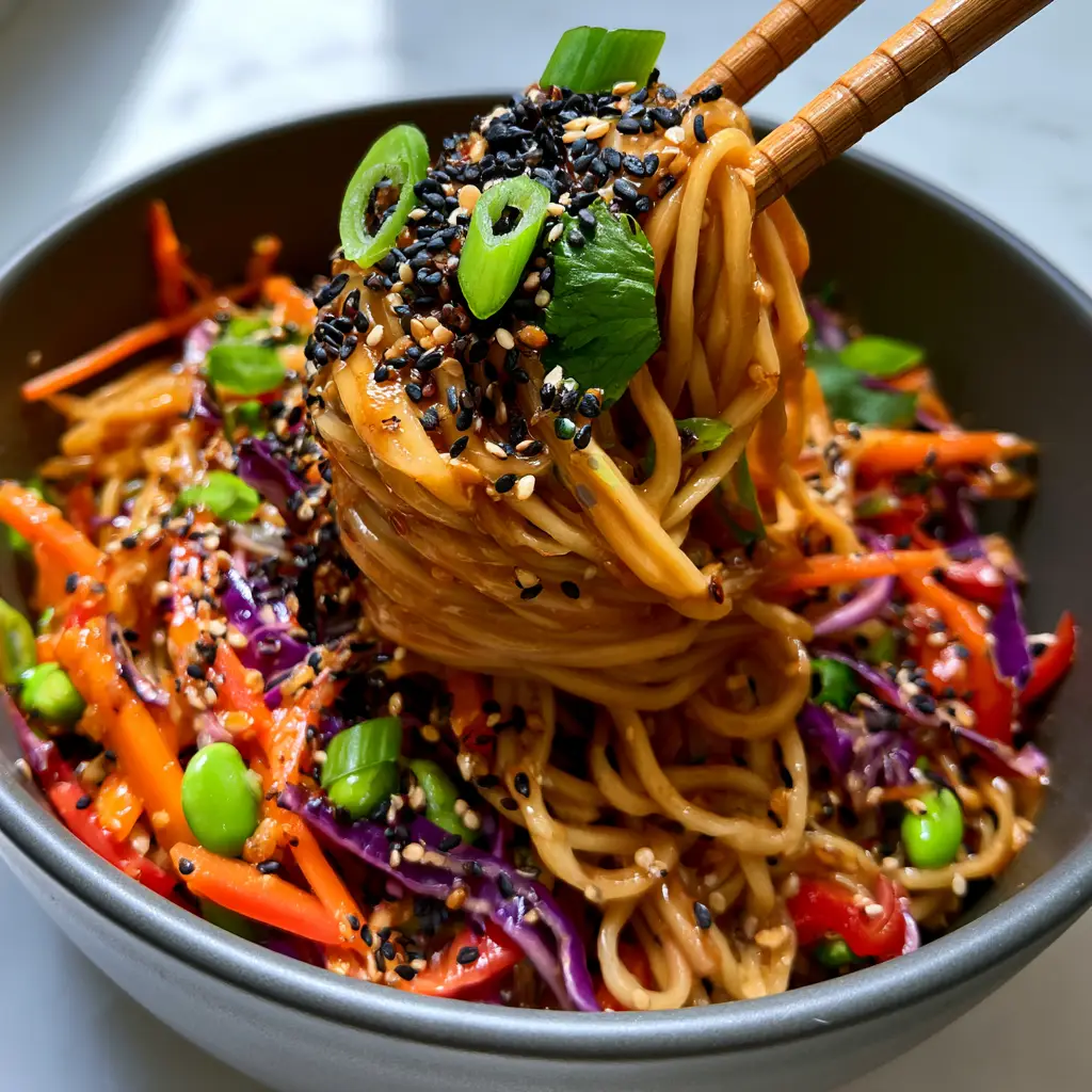 High-angle view of Asian Sesame Noodle Salad in a dark grey bowl on a white marble surface.