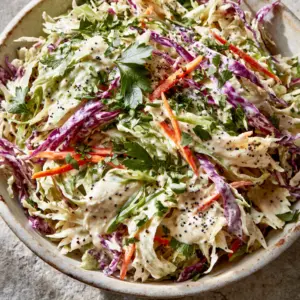 Close up of shredded green and purple cabbage ribbons coated in creamy white dressing with poppy seeds. (coleslaw)