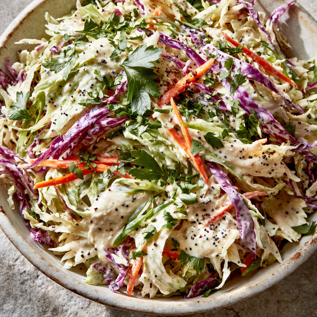 Close up of shredded green and purple cabbage ribbons coated in creamy white dressing with poppy seeds. (coleslaw)