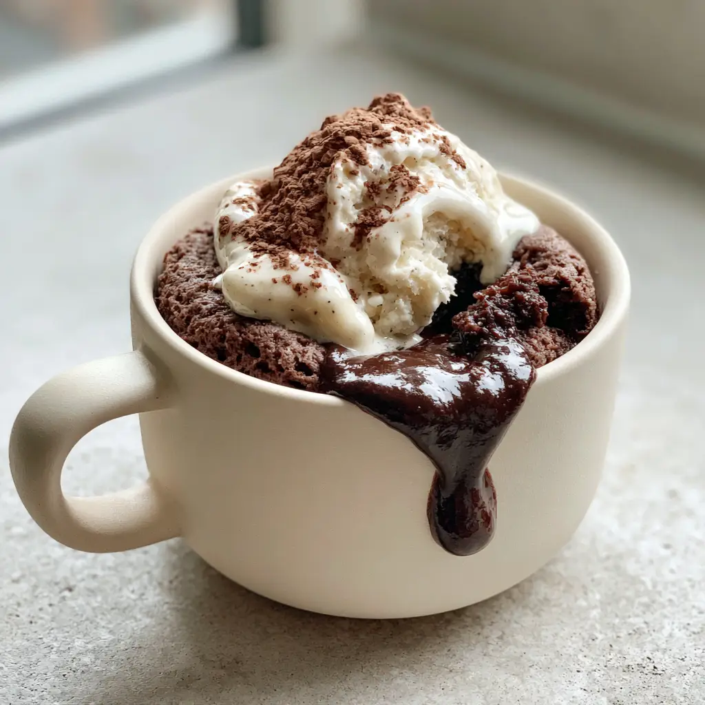 An indulgent chocolate lava mug cake in a modern matte cream mug showing a moist crumb and melting ice cream. (microwave mug snacks)