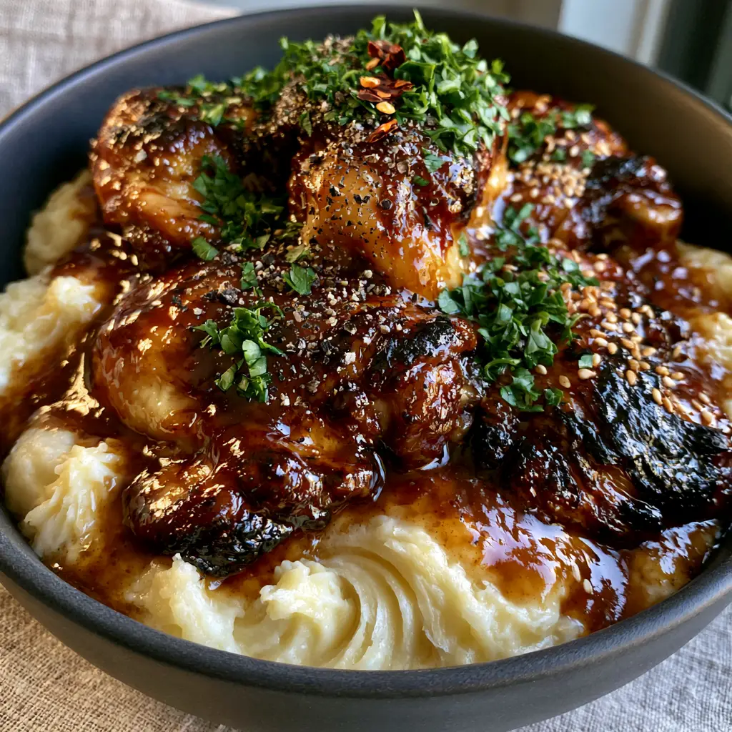 Crockpot Meals: Honey Garlic Chicken with Creamy Mashed Potatoes 1 A matte charcoal bowl filled with creamy buttery mashed potatoes topped with shredded chicken, parsley, and chili flakes.