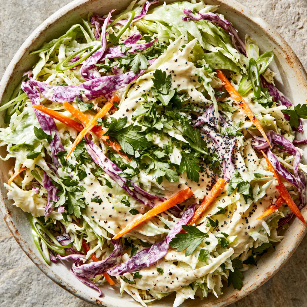 Vibrant coleslaw served in a light colored ceramic bowl showing airy, voluminous plating.