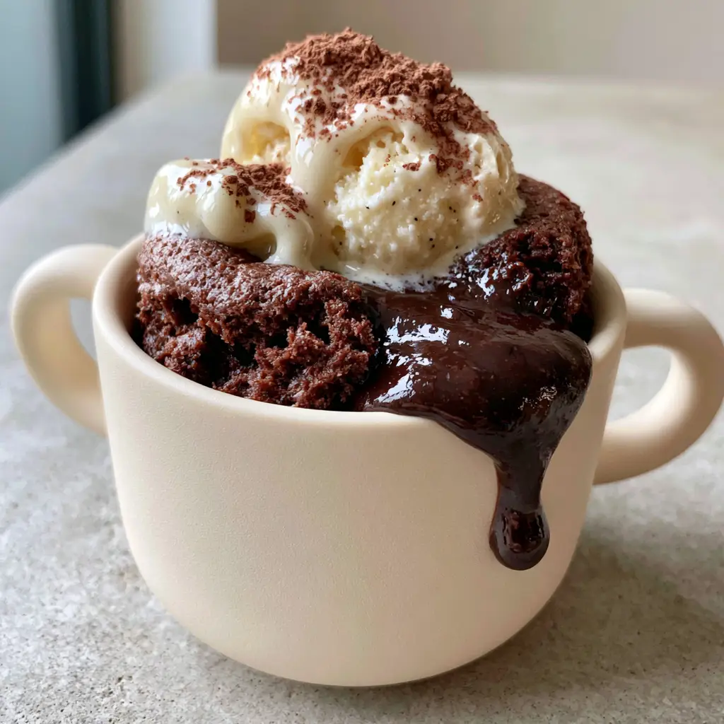 microwave mug snacks: The Ultimate Molten Chocolate Lava Mug Cake 1 Handheld photo showing a thick, glossy dark chocolate ganache core oozing from a microwave mug cake.
