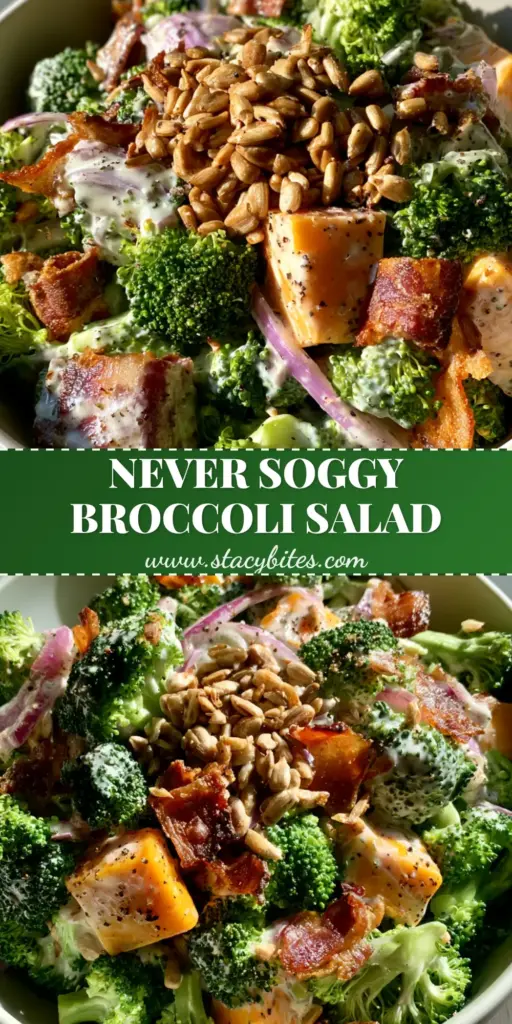 Broccoli Salad Recipe with Crispy Bacon and Sharp Cheddar 4 A vertical high-angle shot of a vibrant Broccoli Salad Recipe in a white ceramic bowl featuring emerald green florets, chunky bacon, and cheddar cubes.