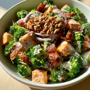 Close-up of fresh broccoli florets tossed with crispy smoked bacon and thick aged cheddar cubes. (Broccoli Salad Recipe)