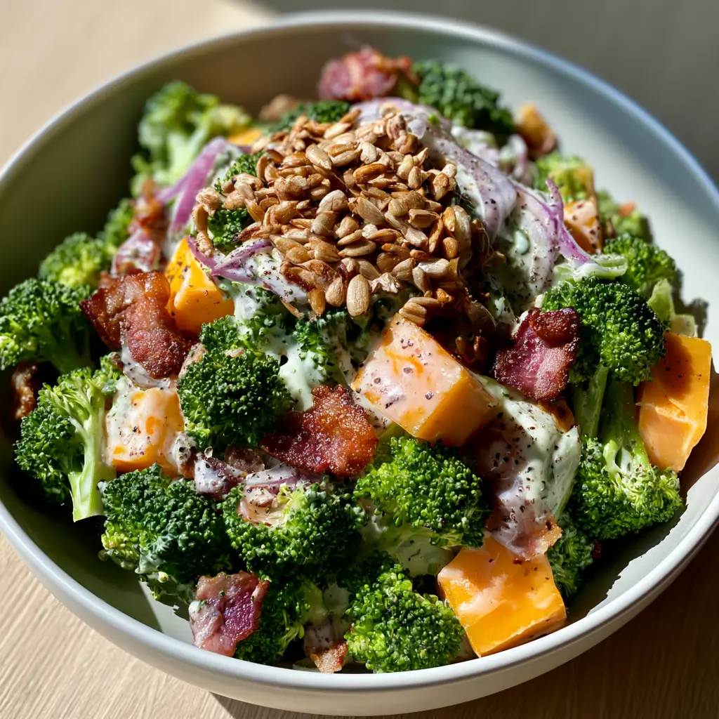 Broccoli Salad Recipe with Crispy Bacon and Sharp Cheddar 1 A large bowl of Broccoli Salad Recipe lightly coated in a thick velvety white dressing with visible cracked black pepper.