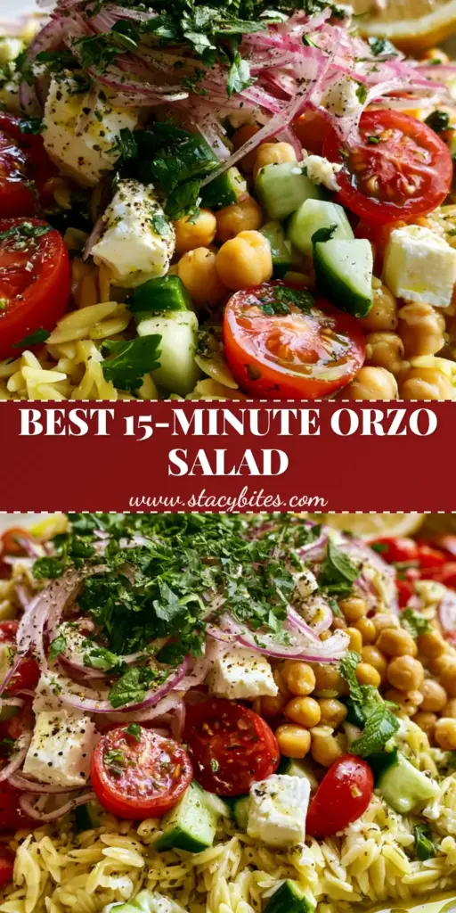 A close-up vertical shot of a vibrant orzo pasta salad with cherry tomatoes, feta, and cucumbers, perfect for Pinterest.