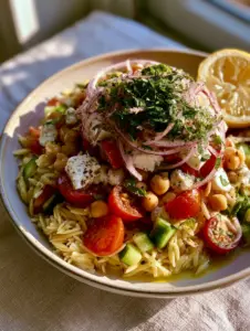 A wide ceramic bowl filled with Mediterranean orzo pasta salad featuring glossy vinaigrette and fresh herbs. (orzo pasta salad)