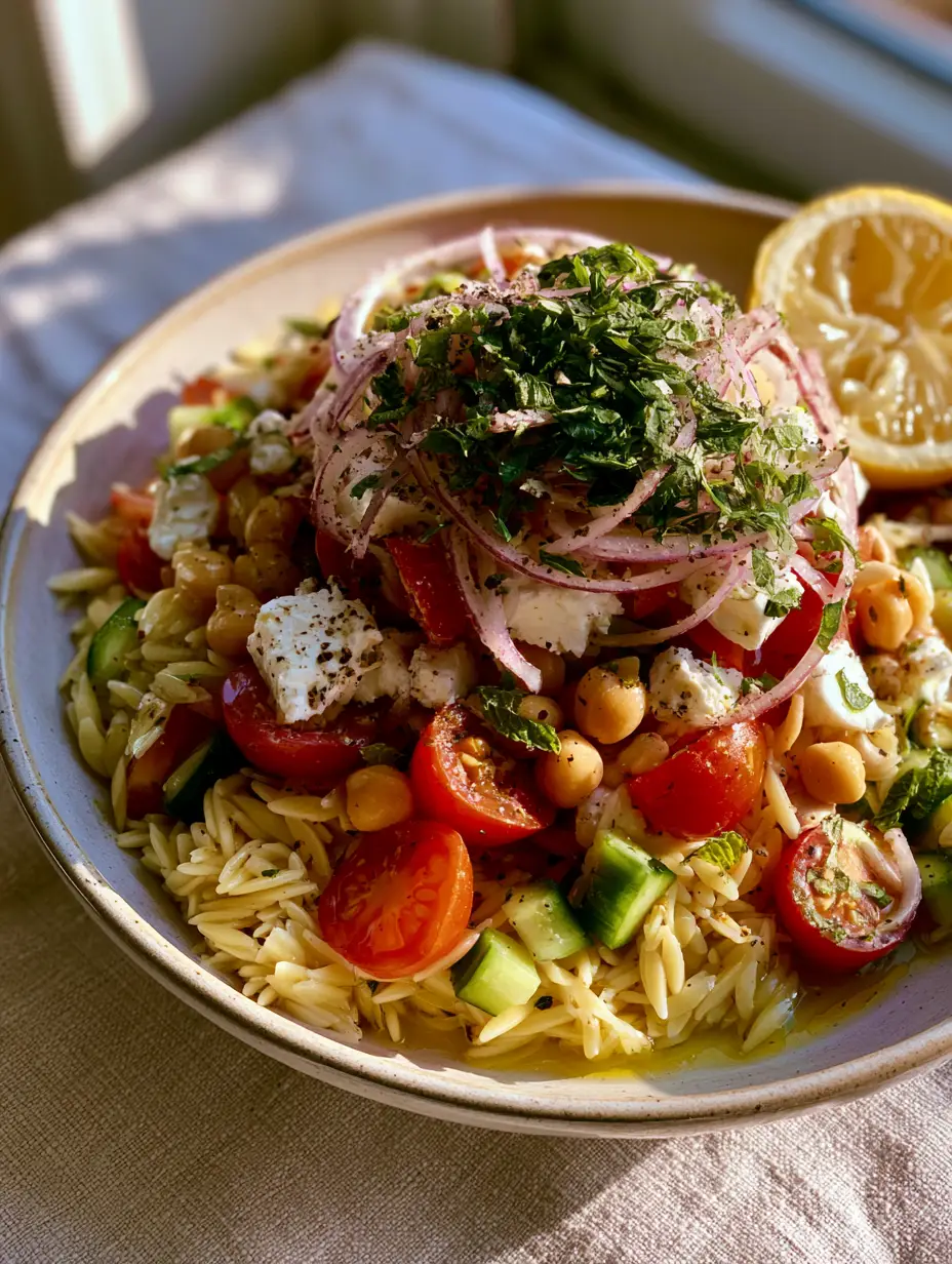 A wide ceramic bowl filled with Mediterranean orzo pasta salad featuring glossy vinaigrette and fresh herbs. (orzo pasta salad)