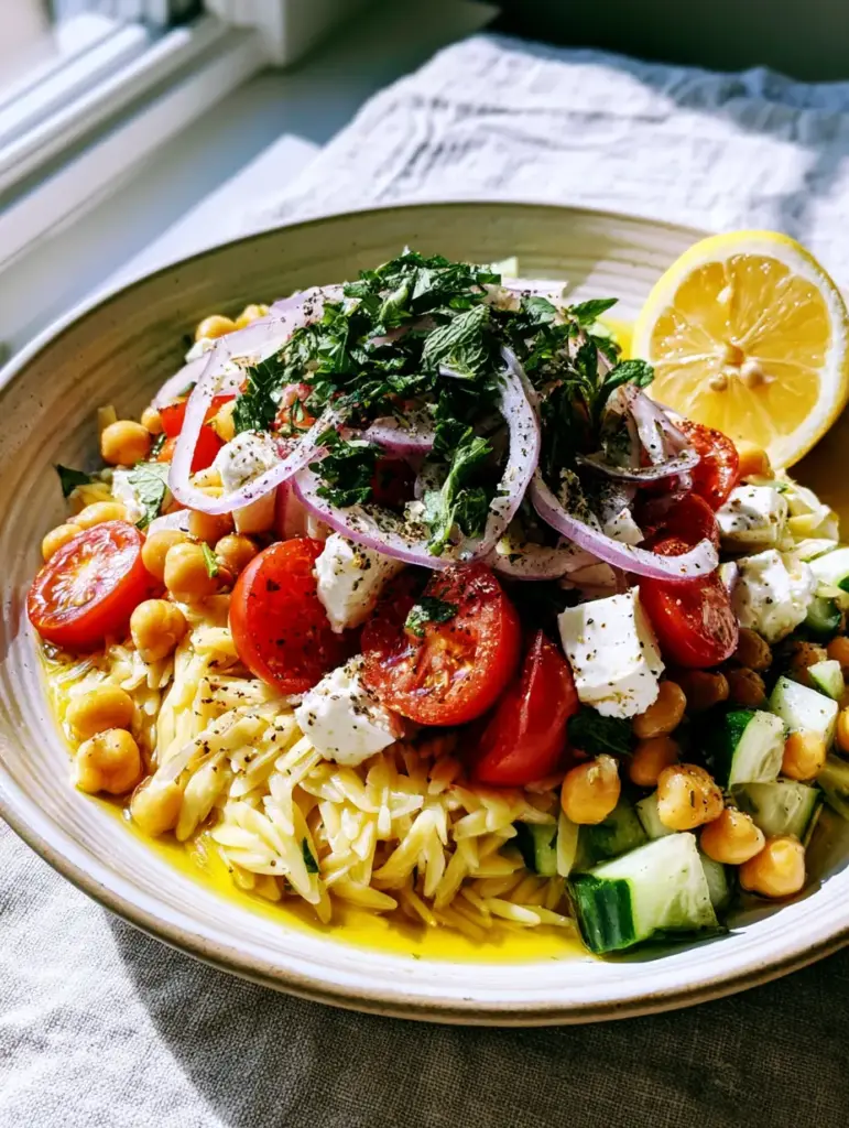 Detailed view of al dente orzo pasta pearls with diced cucumbers and feta cheese. (orzo pasta salad)