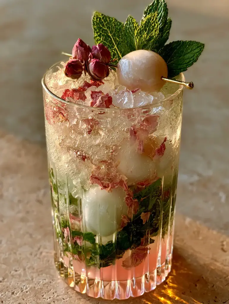 Vertical high-angle shot showing carbonation bubbles and translucent lychees in a Lychee Rose Mojito.