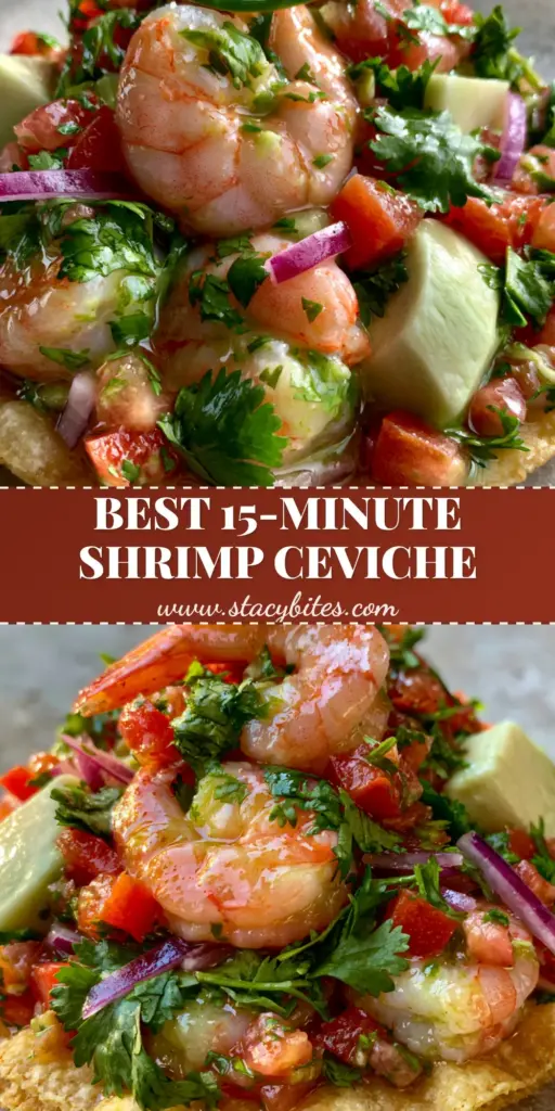 Mexican Shrimp Ceviche Tostadas with Creamy Avocado 4 A handheld smartphone photo of Mexican Shrimp Ceviche on a crunchy golden corn tostada with pink shrimp, lime marinade, and creamy avocado.