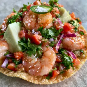 Close-up of plump lime-marinated shrimp mixed with diced tomatoes and purple onions in a zesty glaze. (Mexican Shrimp Ceviche)