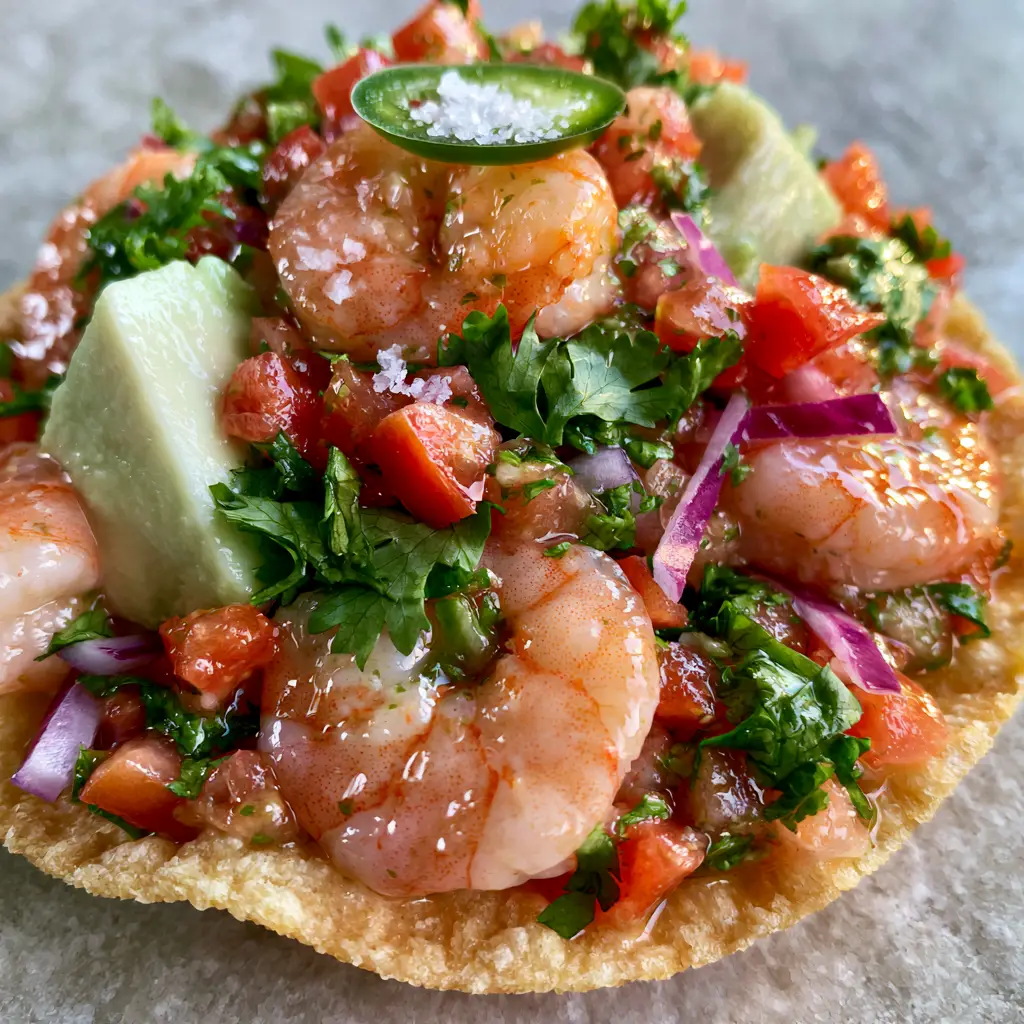 Close-up of plump lime-marinated shrimp mixed with diced tomatoes and purple onions in a zesty glaze. (Mexican Shrimp Ceviche)