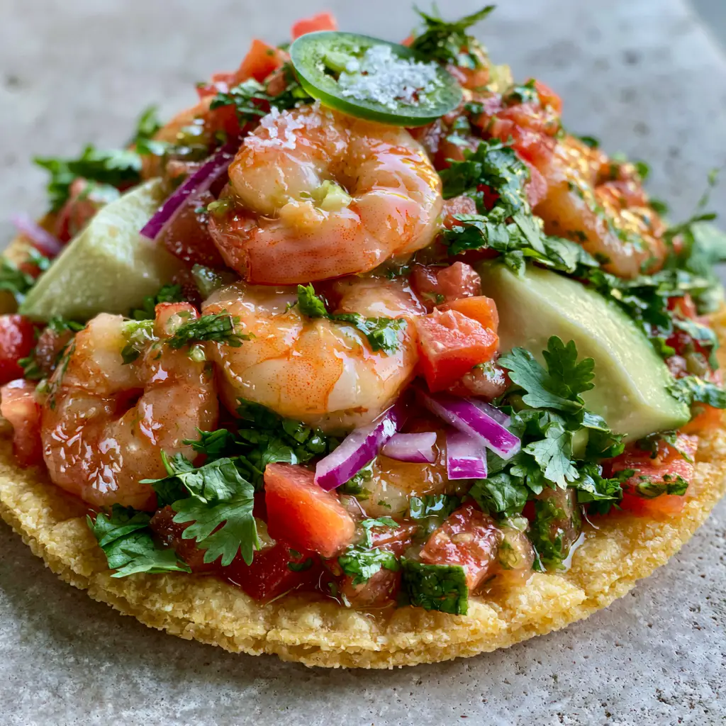 Mexican Shrimp Ceviche Tostadas with Creamy Avocado 1 A pile of Mexican Shrimp Ceviche showing creamy avocado chunks and thin-sliced serrano peppers on a neutral stone background.