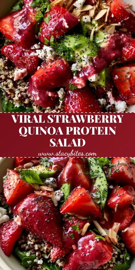 Strawberry quinoa salad with Creamy Avocado and Balsamic Vinaigrette 4 A vibrant Strawberry quinoa salad with tri-color quinoa, spinach, and avocado in a matte bowl.