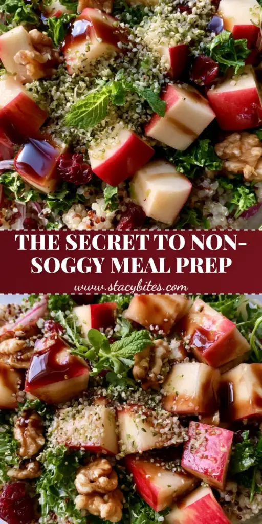 A top-down view of a vibrant apple quinoa salad in a glass meal prep container with Honeycrisp apples, kale, and hemp seeds.