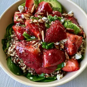 Top-down view of a strawberry quinoa salad with avocado and toasted almonds. (Strawberry quinoa salad)