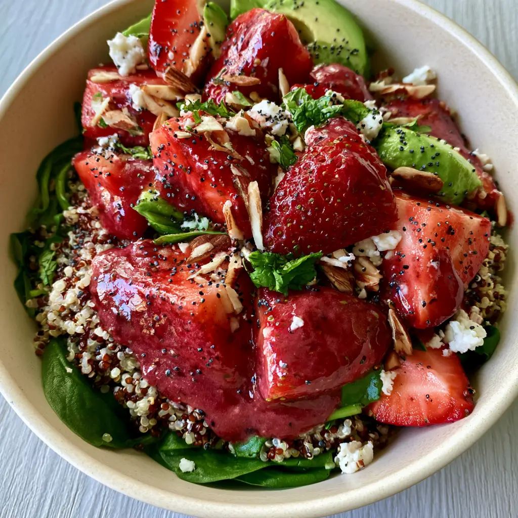 Strawberry quinoa salad with Creamy Avocado and Balsamic Vinaigrette 2 Top-down view of a strawberry quinoa salad with avocado and toasted almonds. (Strawberry quinoa salad)