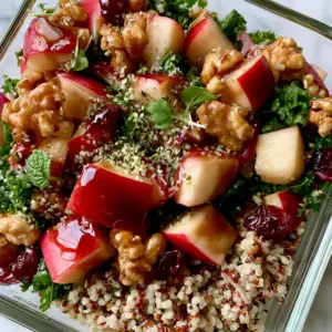 Extreme close-up of tri-color quinoa topped with diced Honeycrisp apples, julienned kale, and toasted walnuts (apple quinoa salad).