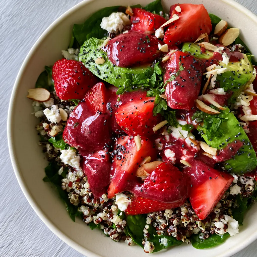 Strawberry quinoa salad with Creamy Avocado and Balsamic Vinaigrette 1 Close up of tri-color grains and thick balsamic dressing in a Strawberry quinoa salad.