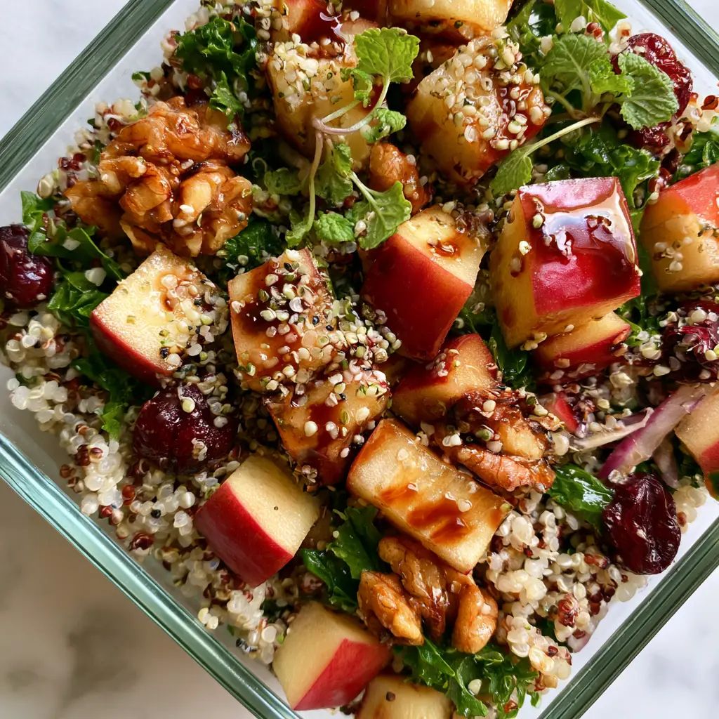 Top-down view of apple quinoa salad showing the glossy maple balsamic vinaigrette sheen and hemp seed garnish.
