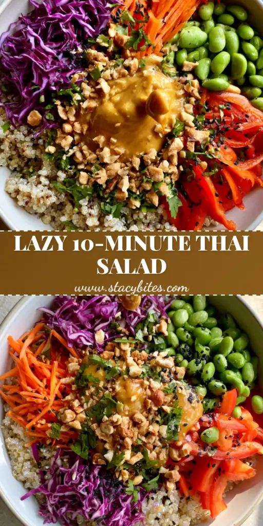Thai-Inspired Quinoa Salad with Creamy Peanut Dressing 3 A vibrant Thai-Inspired Quinoa Salad in a matte white bowl featuring purple cabbage, carrots, edamame, and glossy peanut dressing.