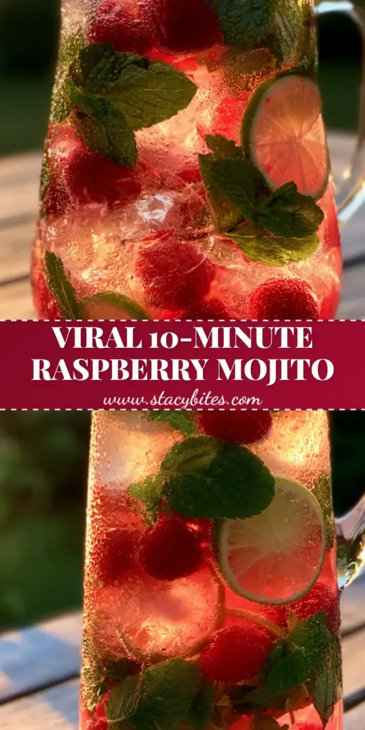 A sleek glass pitcher filled with an Electric Pink Raspberry Mojito, featuring whole berries, lime wheels, and unbruised mint sprigs on a light-oak table.