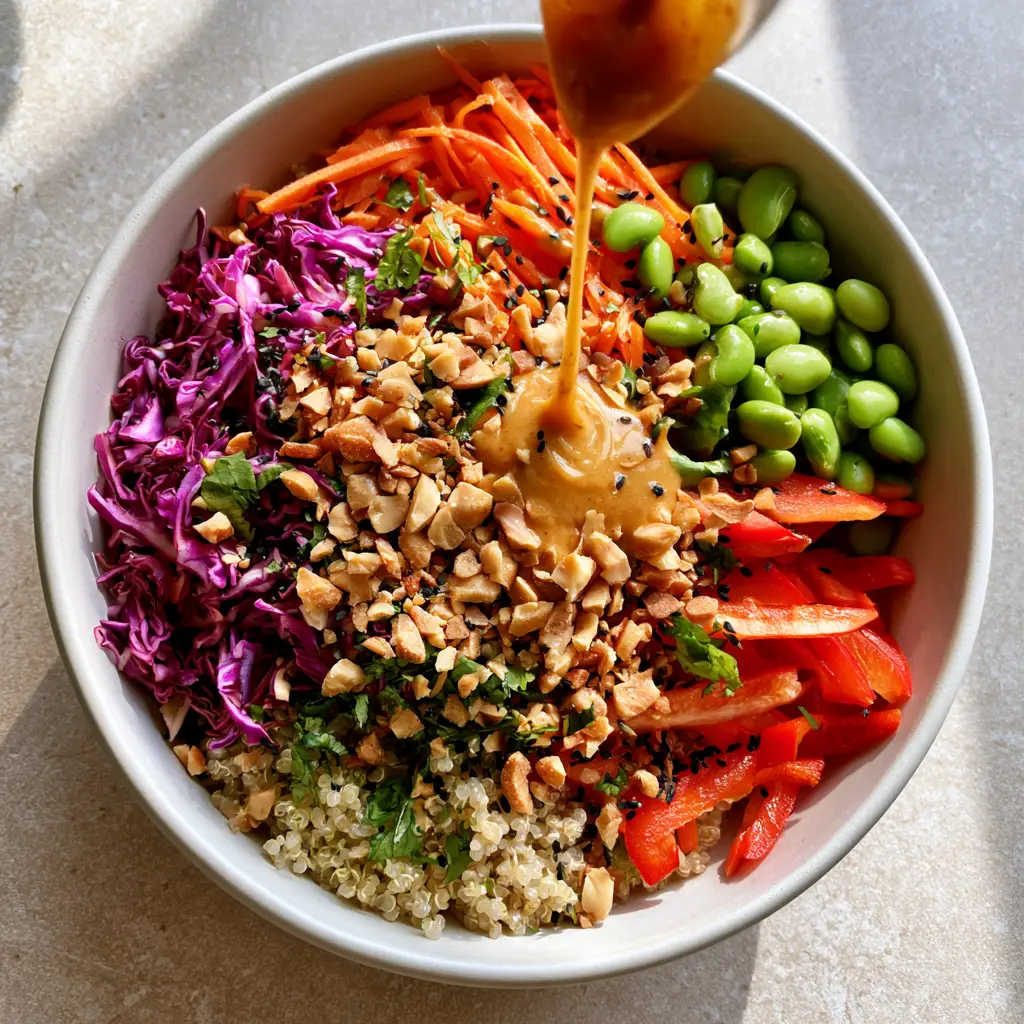 Thai-Inspired Quinoa Salad with Creamy Peanut Dressing 1 Close up of creamy peanut dressing being poured over a Thai-Inspired Quinoa Salad with black sesame seeds and cilantro.