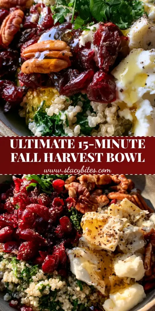 Top-down macro shot of a cranberry quinoa feta salad in a rustic stoneware bowl featuring fluffy quinoa, kale, dried cranberries, and toasted pecans with a glossy honey lemon dressing.