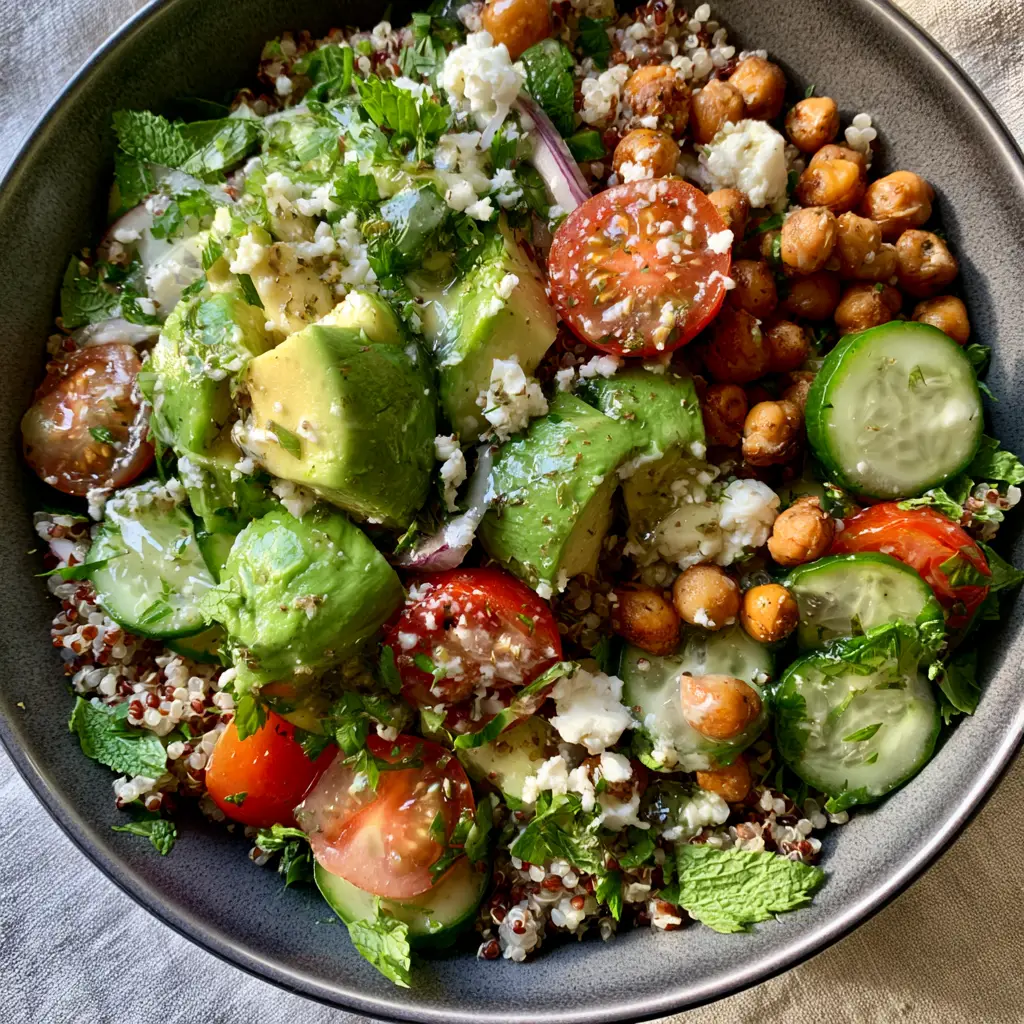 Close-up of buttery avocado chunks and golden roasted chickpeas on a bed of fluffy quinoa. (quinoa avocado salad)